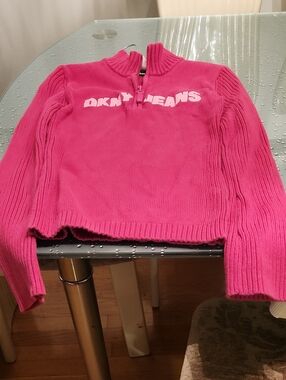 DKNY Pink Half-Zip Logo Ribbed Sweater